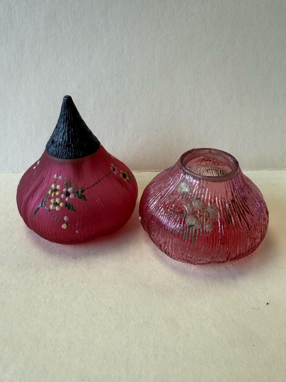 Antique Mt. Washington Fig Shaped Cranberry Glass Salt and Pepper Shakers.
